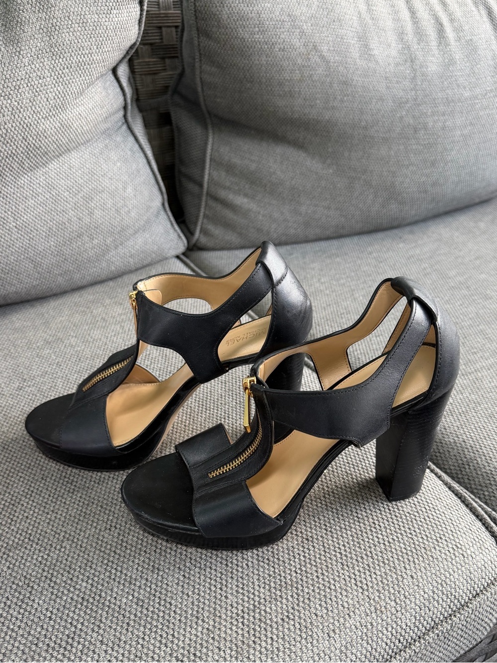 Michael Kors Black Leather T-Strap Heels with Gold Zipper Accents